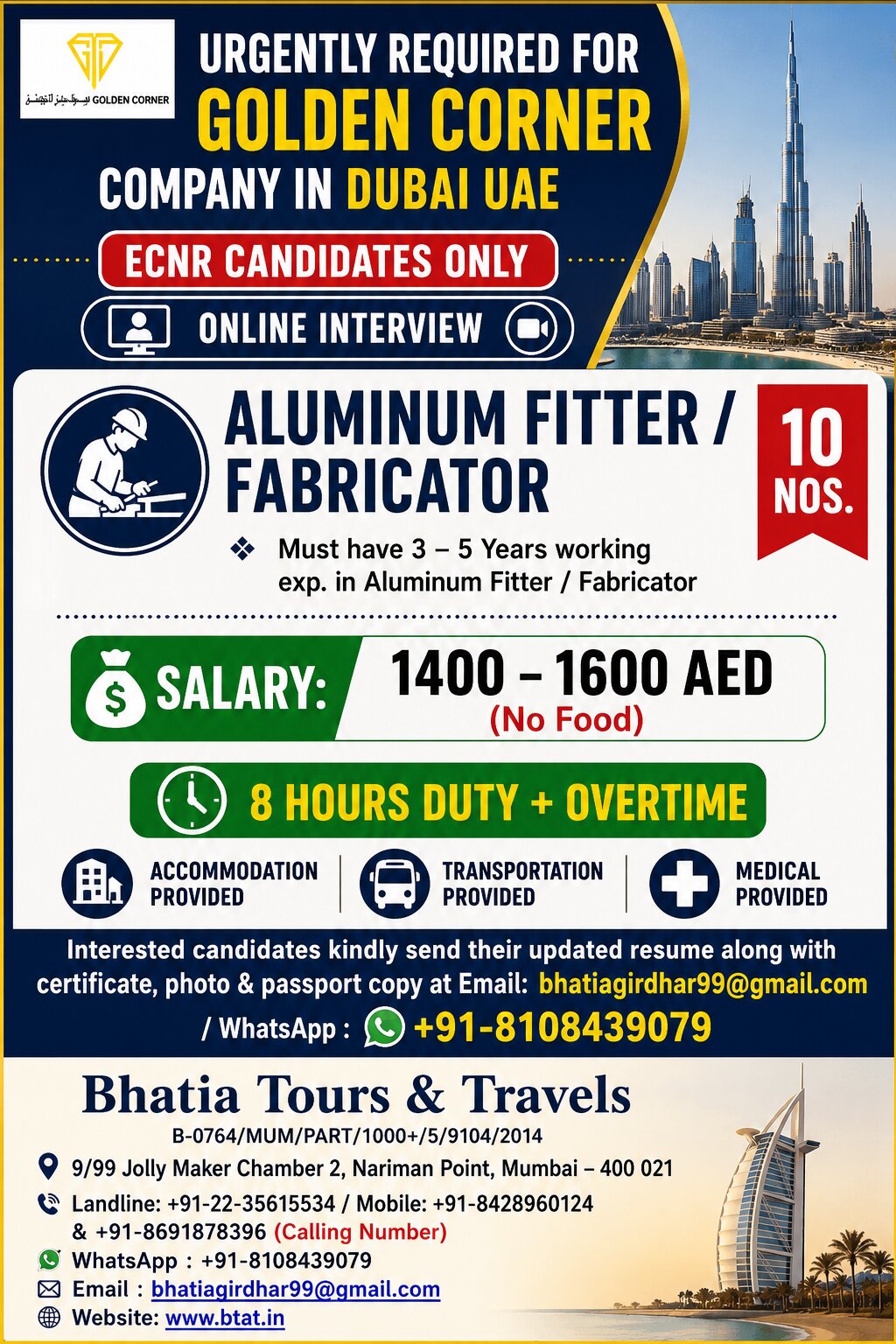 URGENTLY REQUIRED FOR GOLDEN CORNER COMPANY IN DUBAI UAE