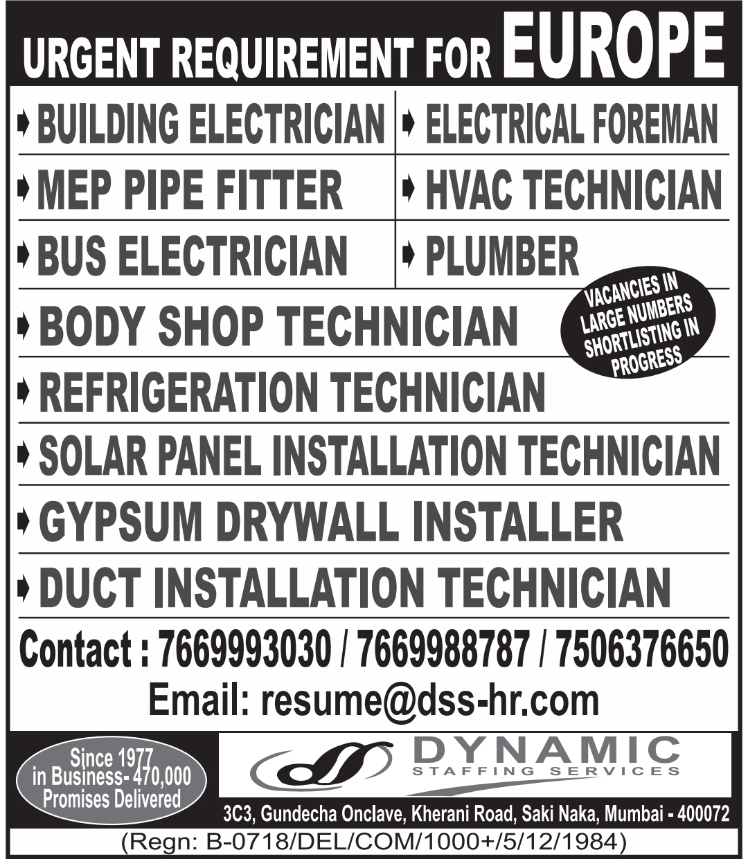 Europe Job Vacancy – Urgent Hiring at Dynamic Staffing Services