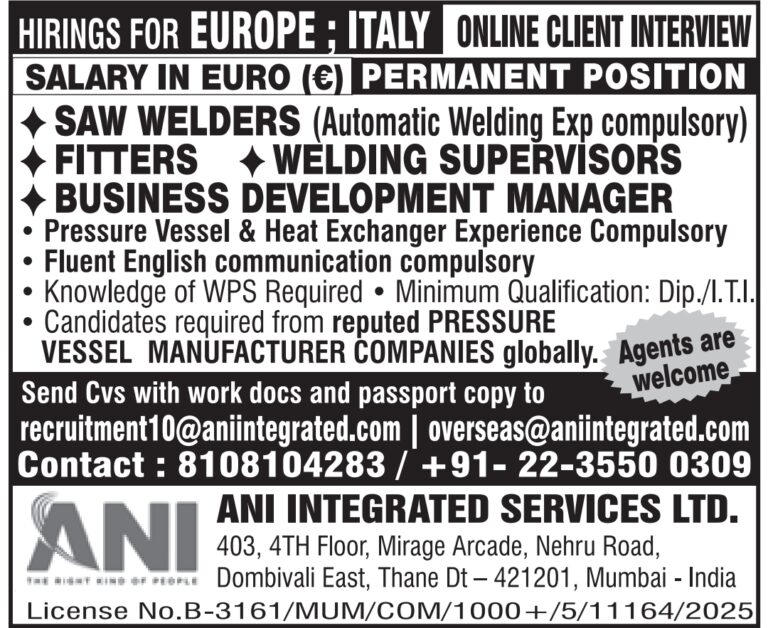 Italy Job Vacancy – Urgent Hiring at ANI Integrated Services