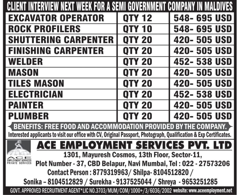 Maldives Job Vacancy – Urgent Client Interview at ACE Employment