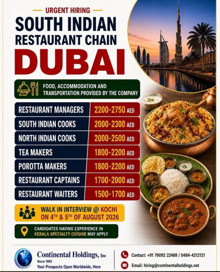 Dubai Job Vacancy – Urgent Hiring South Indian Restaurant Chain