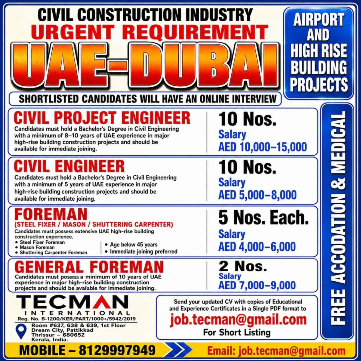Dubai Job Vacancy – Urgent Hiring Civil Engineers at Tecman
