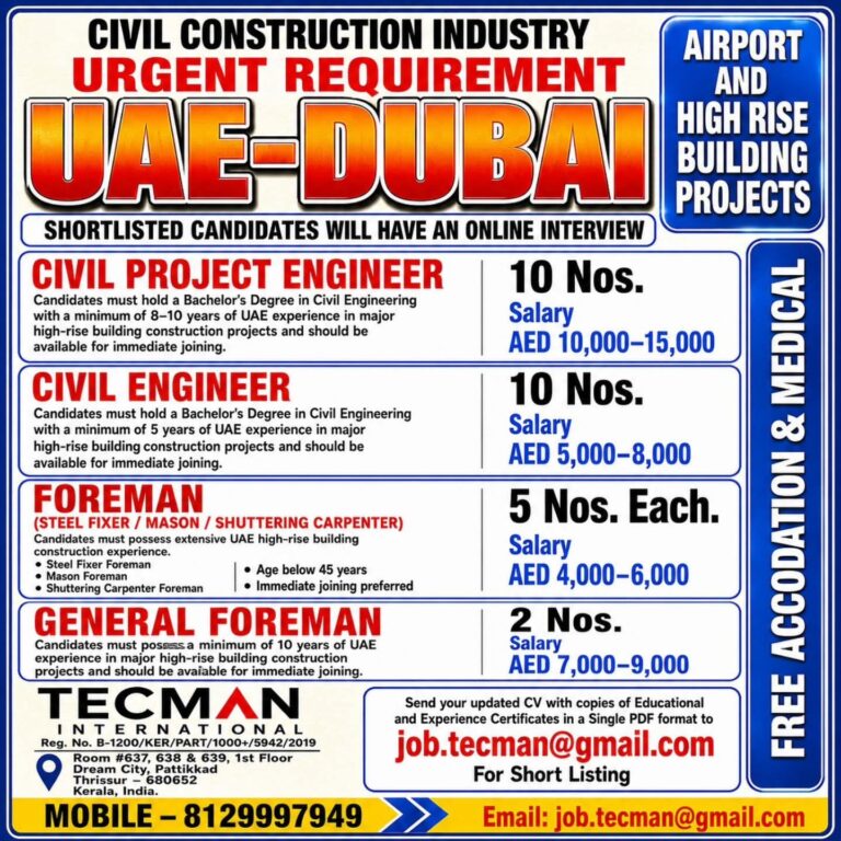 Dubai Job Vacancy – Urgent Hiring Civil Engineers at Tecman