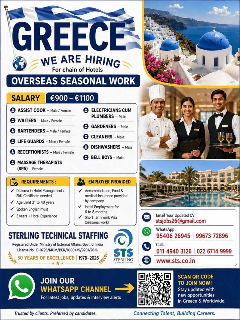 Greece Job Vacancy – Seasonal Hotel Work at STS Sterling