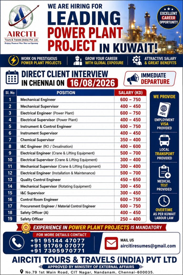 Kuwait Job Vacancy - Power Plant Project Hiring at Airciti 4 Kuwait Job Vacancy – Power Plant Project Hiring at Airciti