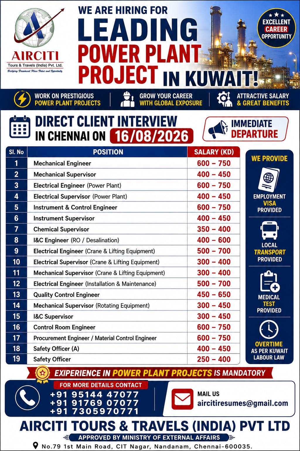 Kuwait Job Vacancy – Power Plant Project Hiring at Airciti