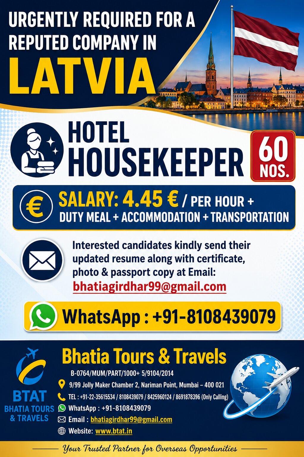 URGENTLY REQUIRED FOR A REPUTED COMPANY IN LATVIA
