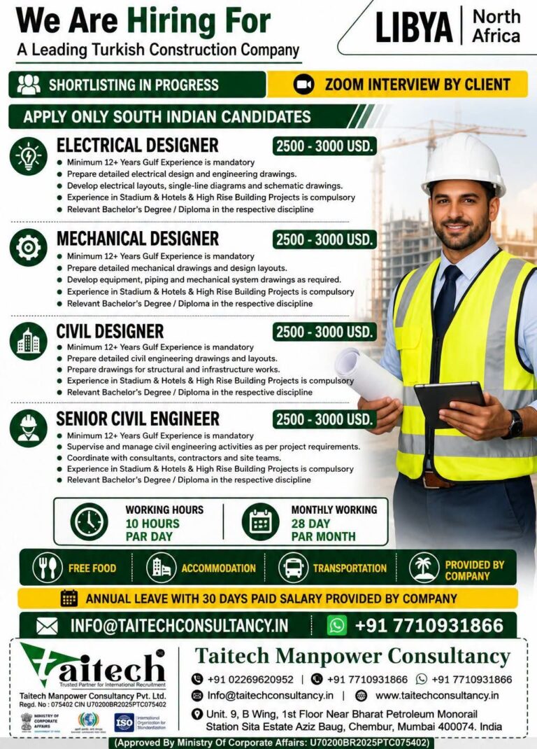 Libya Job Vacancy - Urgent Hiring at Taitech Manpower 7 Libya Job Vacancy – Urgent Hiring at Taitech Manpower