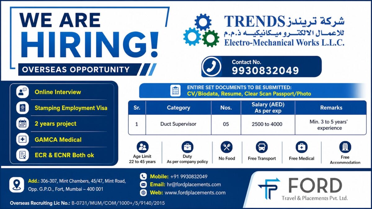 UAE Job Vacancy – Duct Supervisor Hiring at FORD