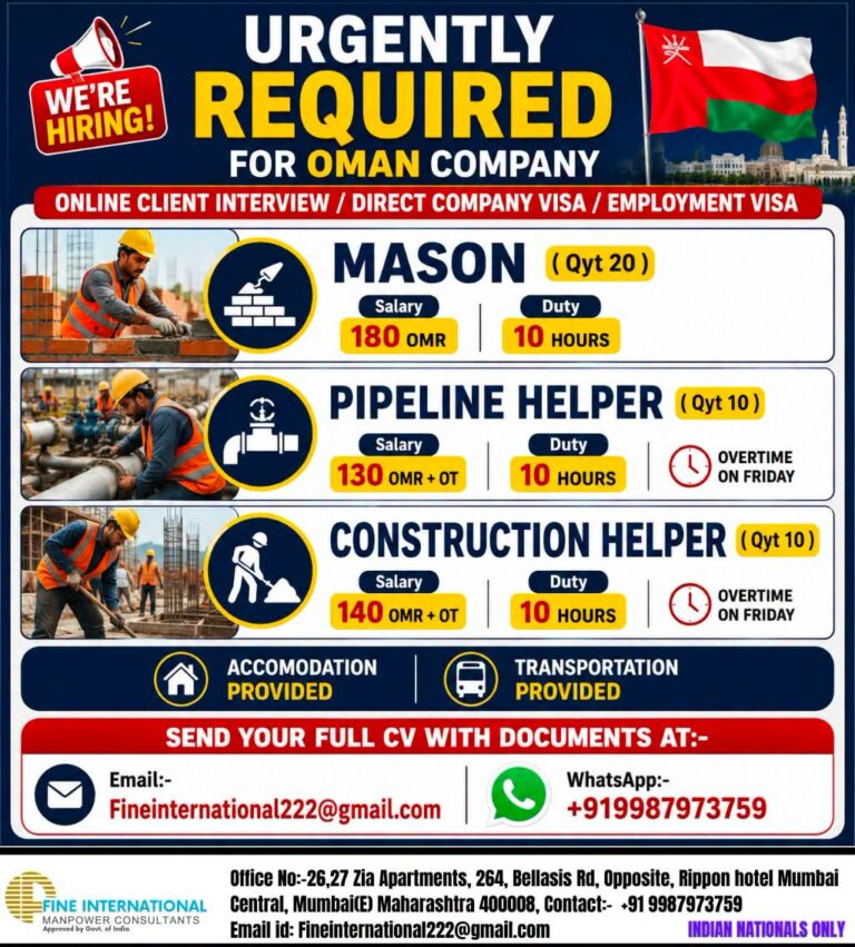 Oman Job Vacancy – Urgent Hiring at Fine International