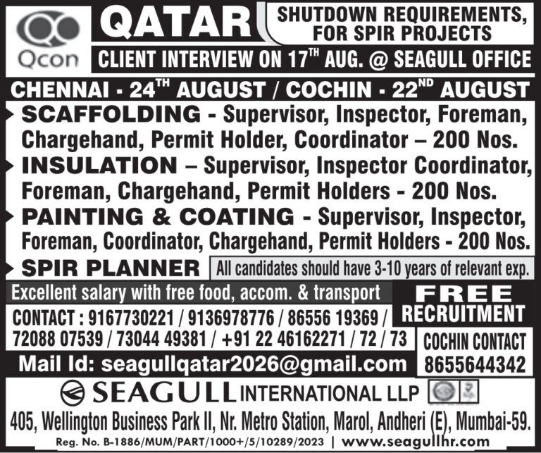 Qatar Job Vacancy – Free Recruitment at Seagull International