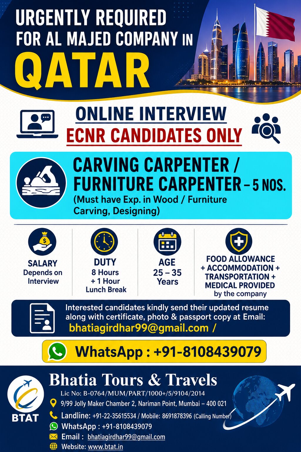 URGENTLY REQUIRED FOR AL MAJED COMPANY IN QATAR
