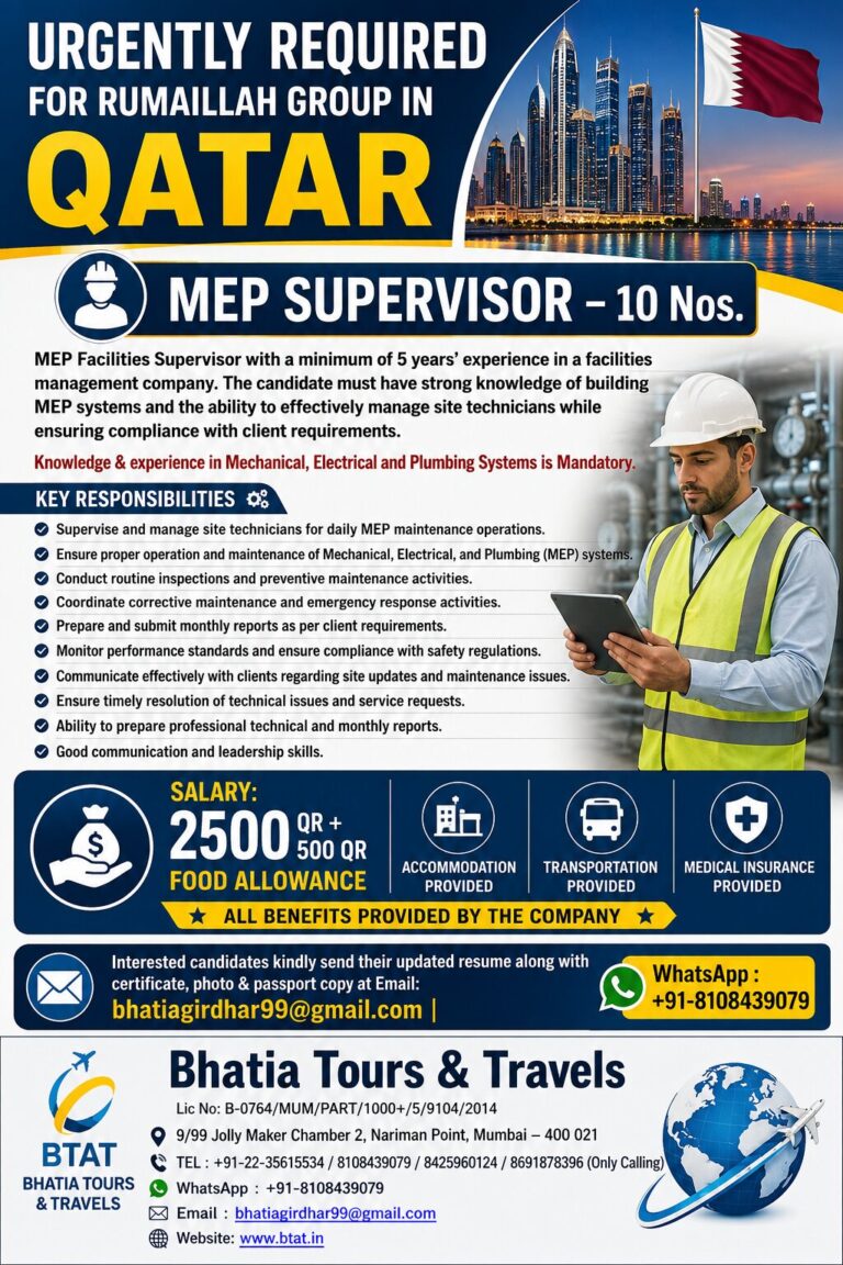 URGENTLY REQUIRED FOR RUMAILLAH GROUP IN QATAR