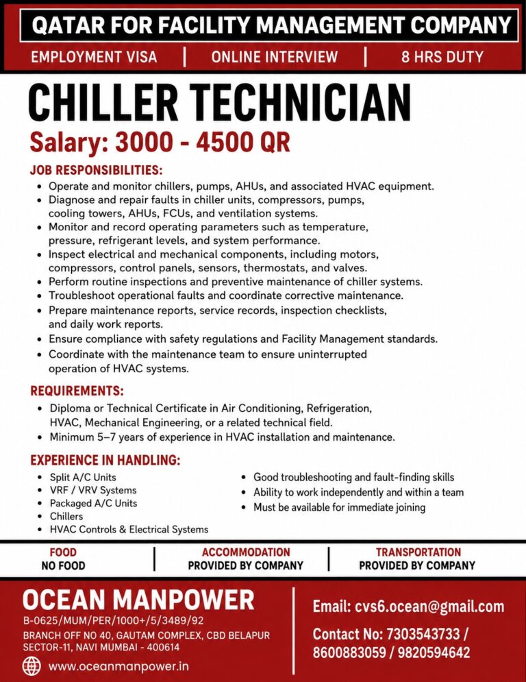 Qatar Job Vacancy - Chiller Technician at Ocean Manpower 2 Qatar Job Vacancy – Chiller Technician at Ocean Manpower