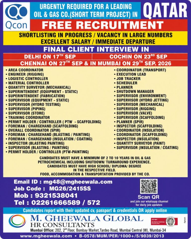 Qatar Oil and Gas Job Vacancy – M. Gheewala Global HR