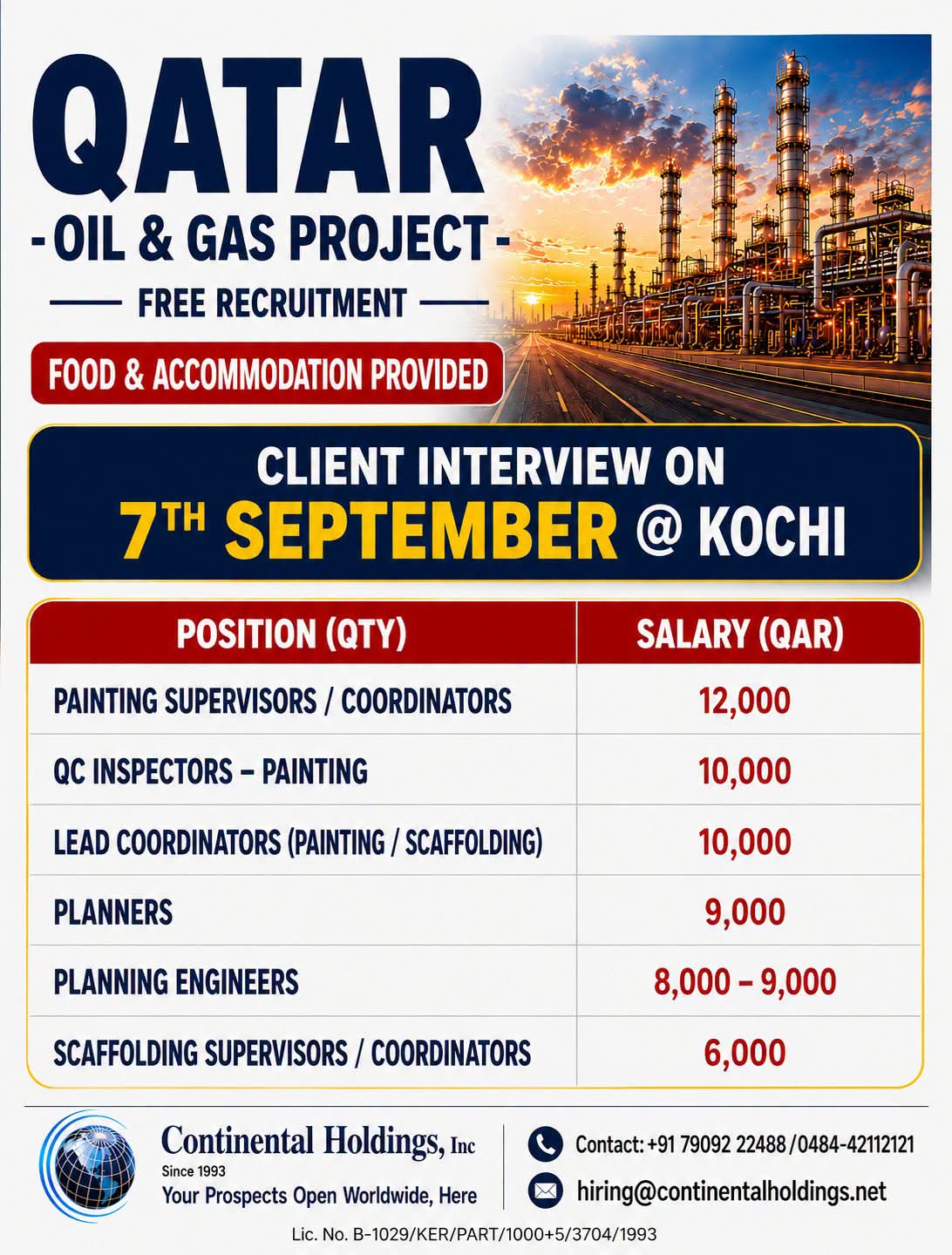 Qatar Oil and Gas Project Job Vacancy – Continental Holdings
