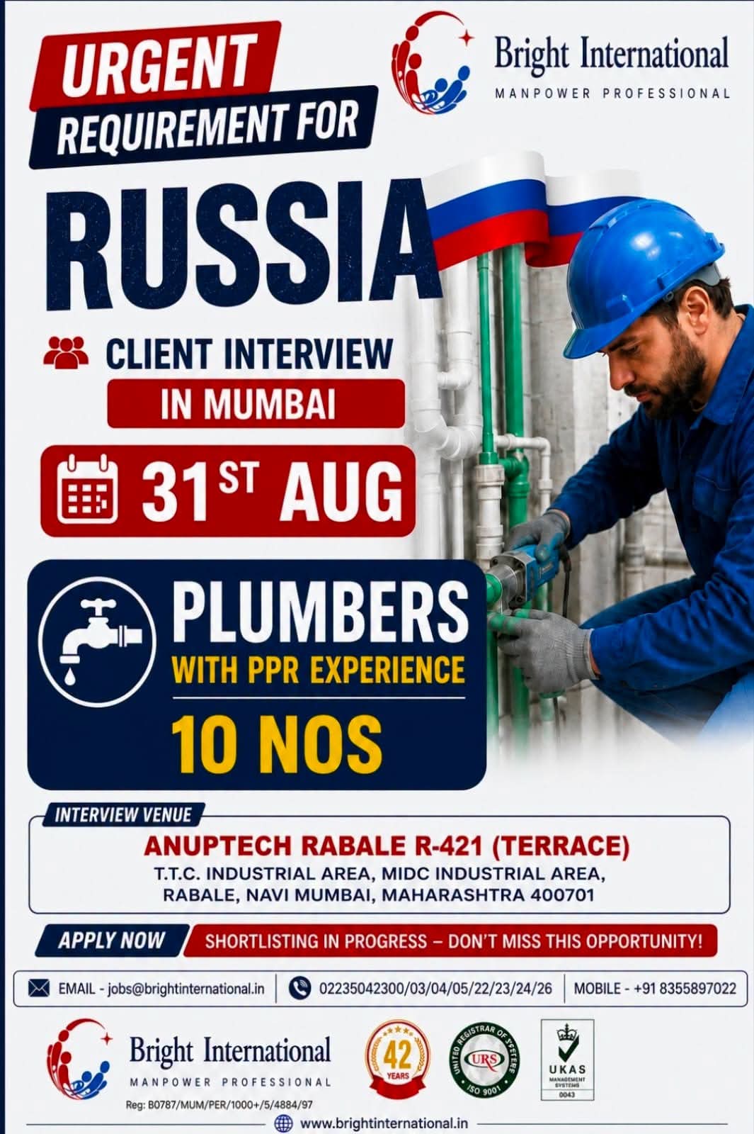 Russia Job Vacancy – Urgent Hiring for Plumbers at Bright International