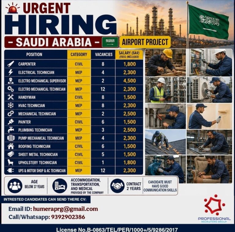 Saudi Arabia Airport Project Jobs – Urgent Hiring