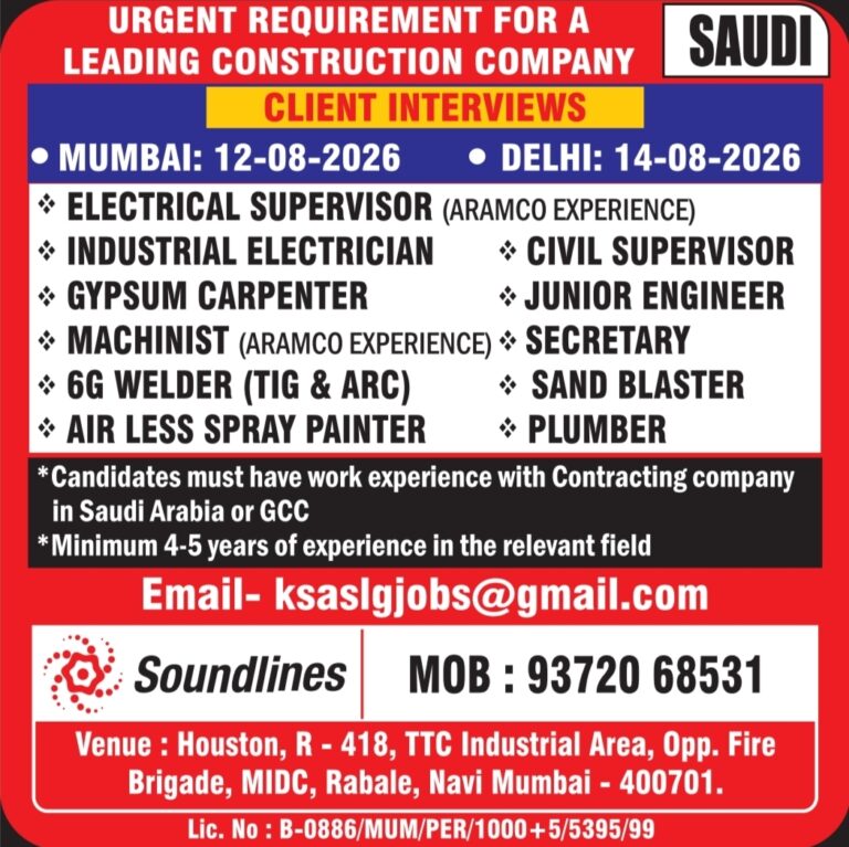 Saudi Arabia Construction Jobs – Urgent Hiring at Soundlines