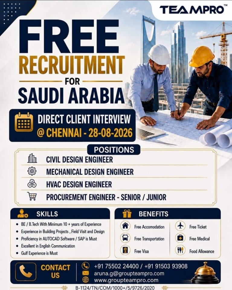 Saudi Arabia Free Recruitment - Engineering Hiring at TEAMPRO 8 Saudi Arabia Free Recruitment – Engineering Hiring at TEAMPRO