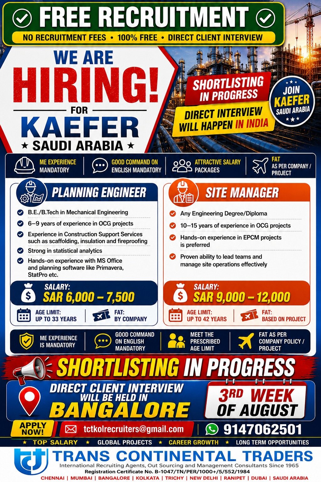 Saudi Arabia Job Vacancy – KAEFER Hiring via Trans Continental
