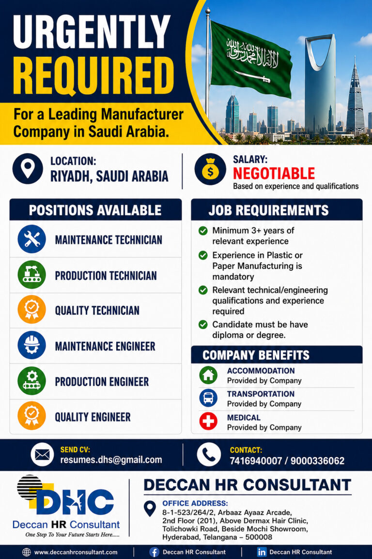 Saudi Arabia Job Vacancy - Urgent Hiring at Deccan HR Consultant 3 Saudi Arabia Job Vacancy – Urgent Hiring at Deccan HR Consultant