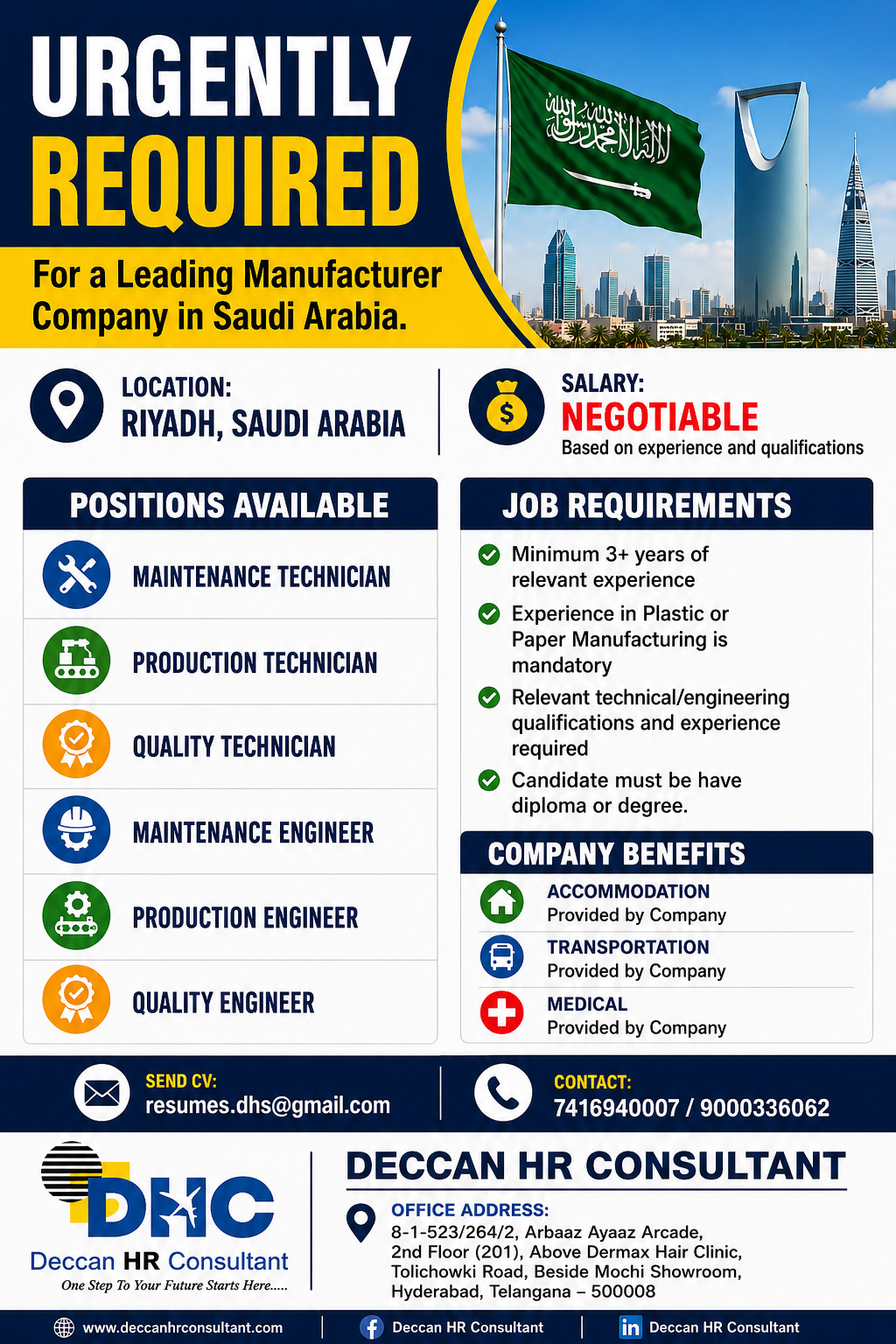 Saudi Arabia Job Vacancy – Urgent Hiring at Deccan HR Consultant