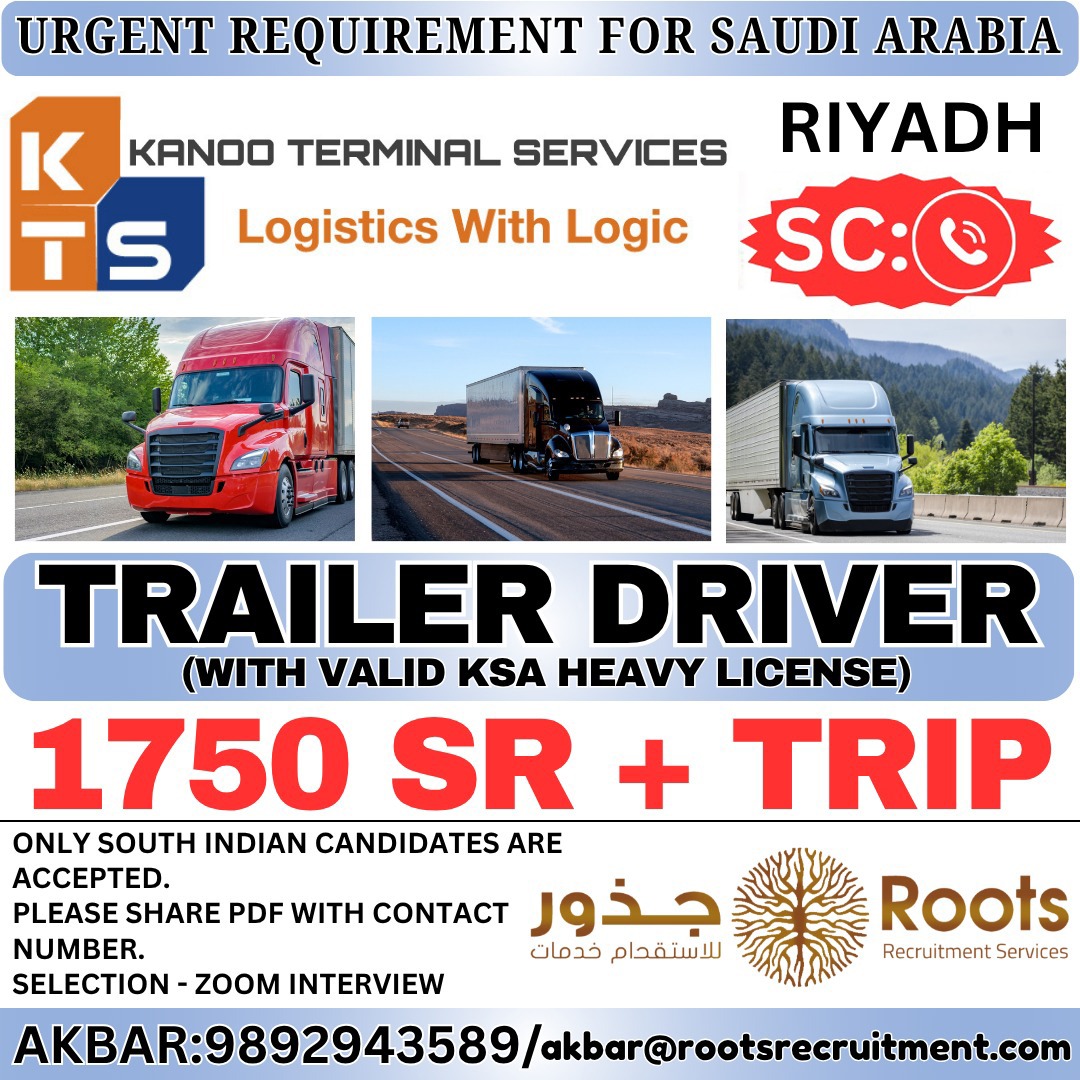 Saudi Arabia Job Vacancy – Trailer Driver Hiring at Roots Recruitment