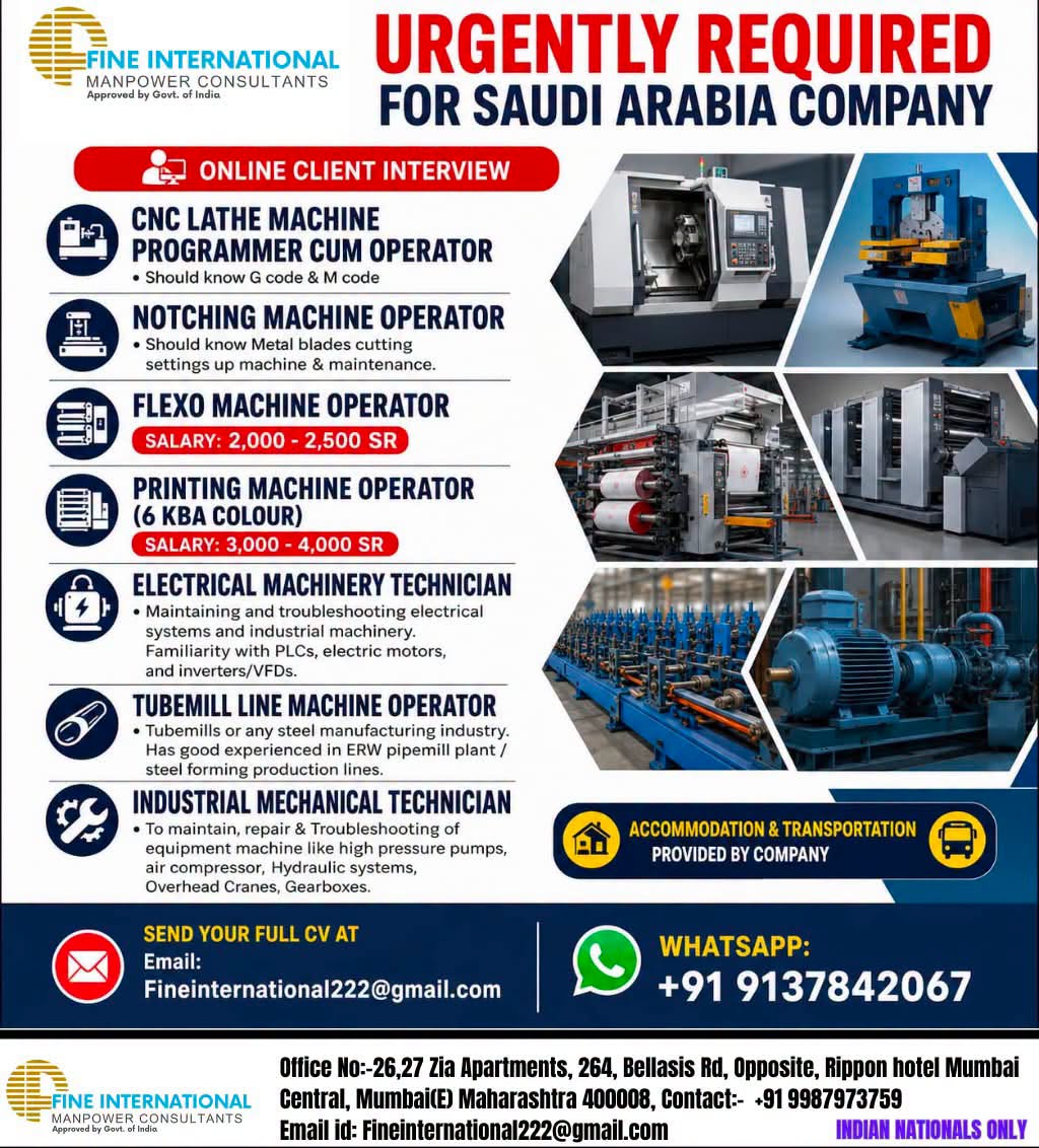 Saudi Arabia Job Vacancy – Fine International Manpower