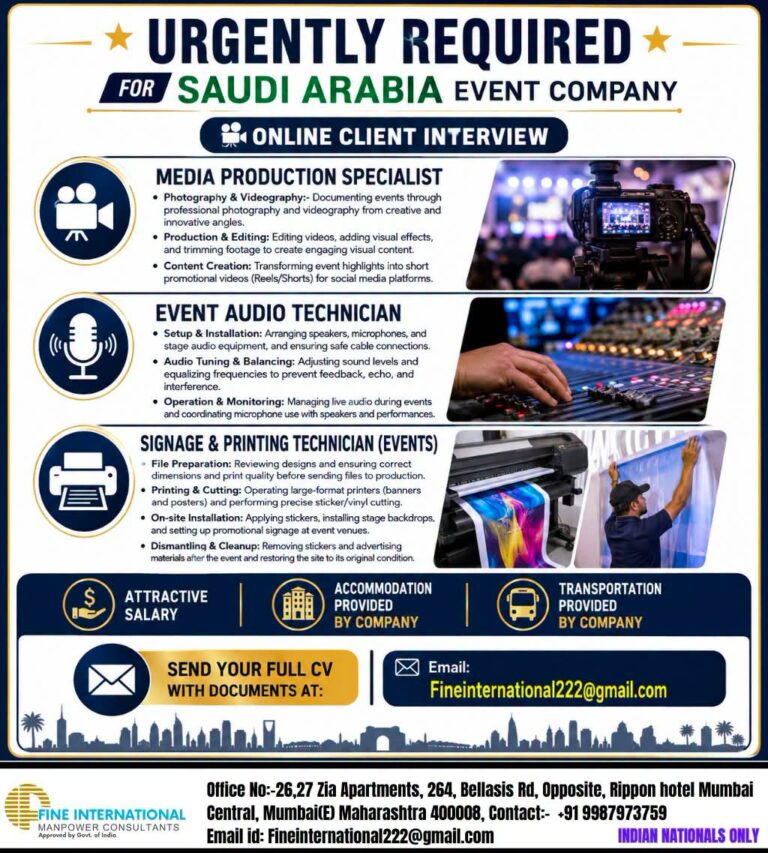 Saudi Arabia Job Vacancy – Urgent Hiring at Fine International