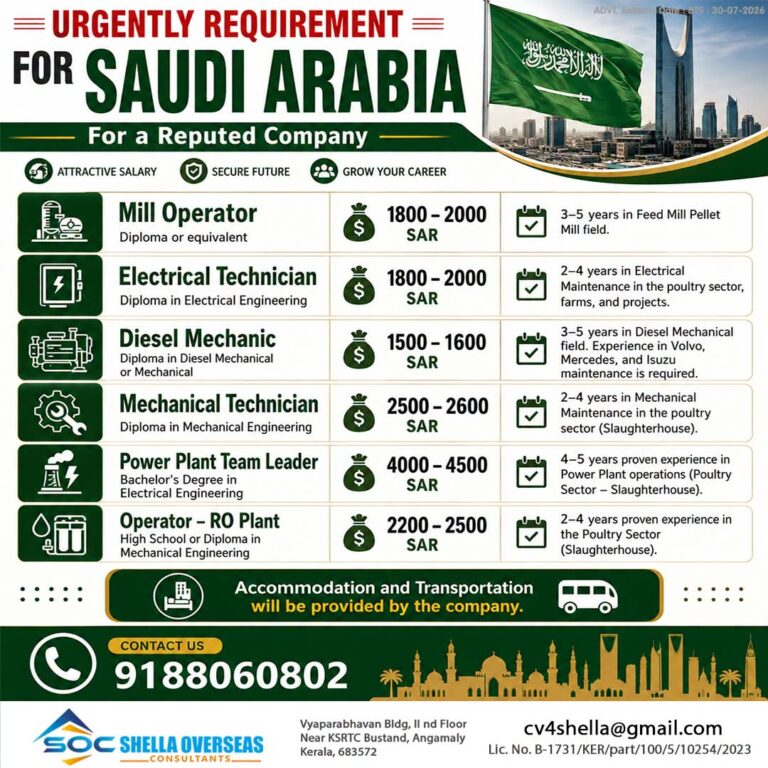 Saudi Arabia Job Vacancy - Urgent Hiring at Shella Overseas 7 Saudi Arabia Job Vacancy – Urgent Hiring at Shella Overseas