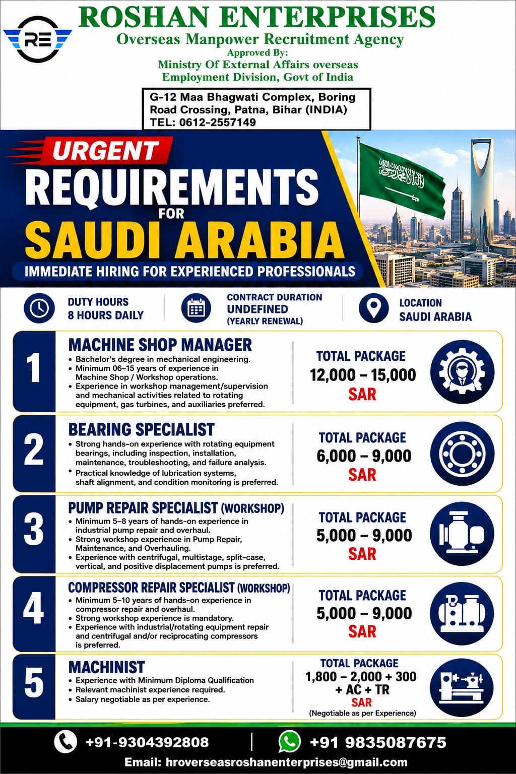 Saudi Arabia Jobs at Roshan Enterprises Patna