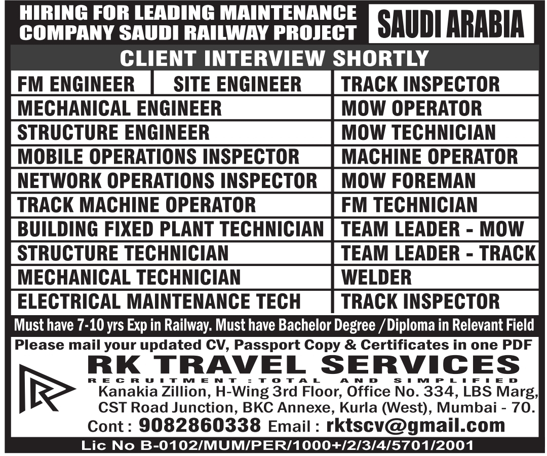Saudi Arabia Railway Project Jobs – RK Travel Services