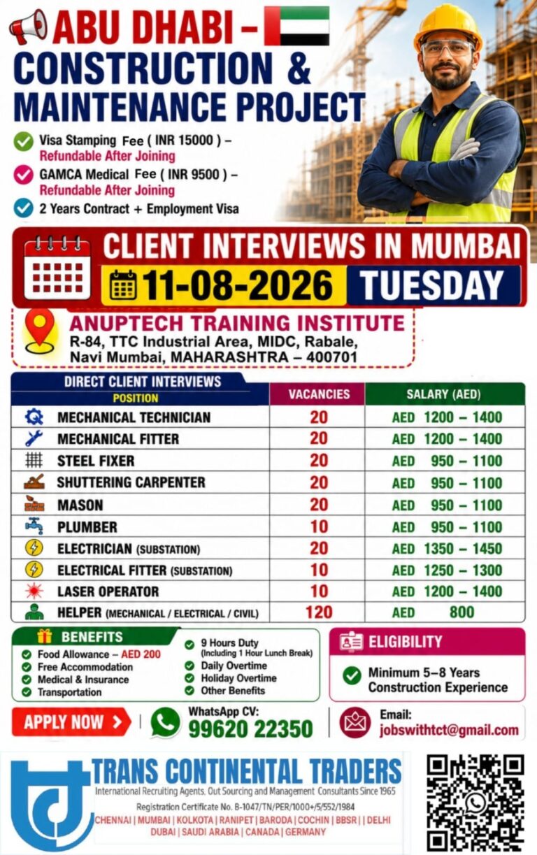 UAE Job Vacancy - Abu Dhabi Construction Project Hiring by TCT 3 UAE Job Vacancy – Abu Dhabi Construction Project Hiring by TCT