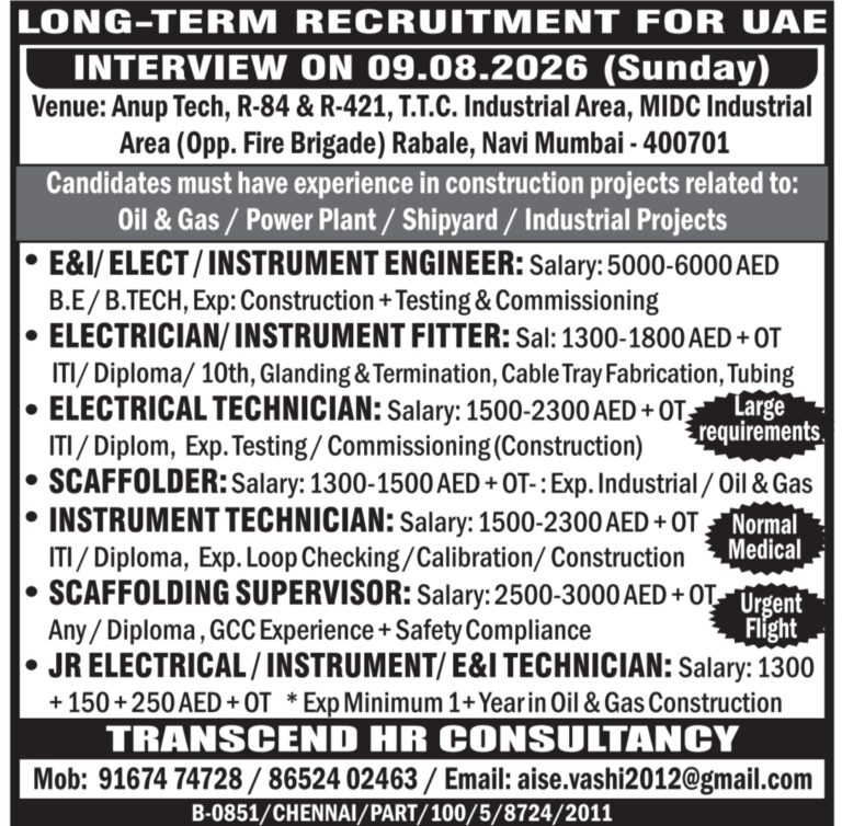 UAE Job Vacancy – Urgent Hiring at Transcend HR Consultancy