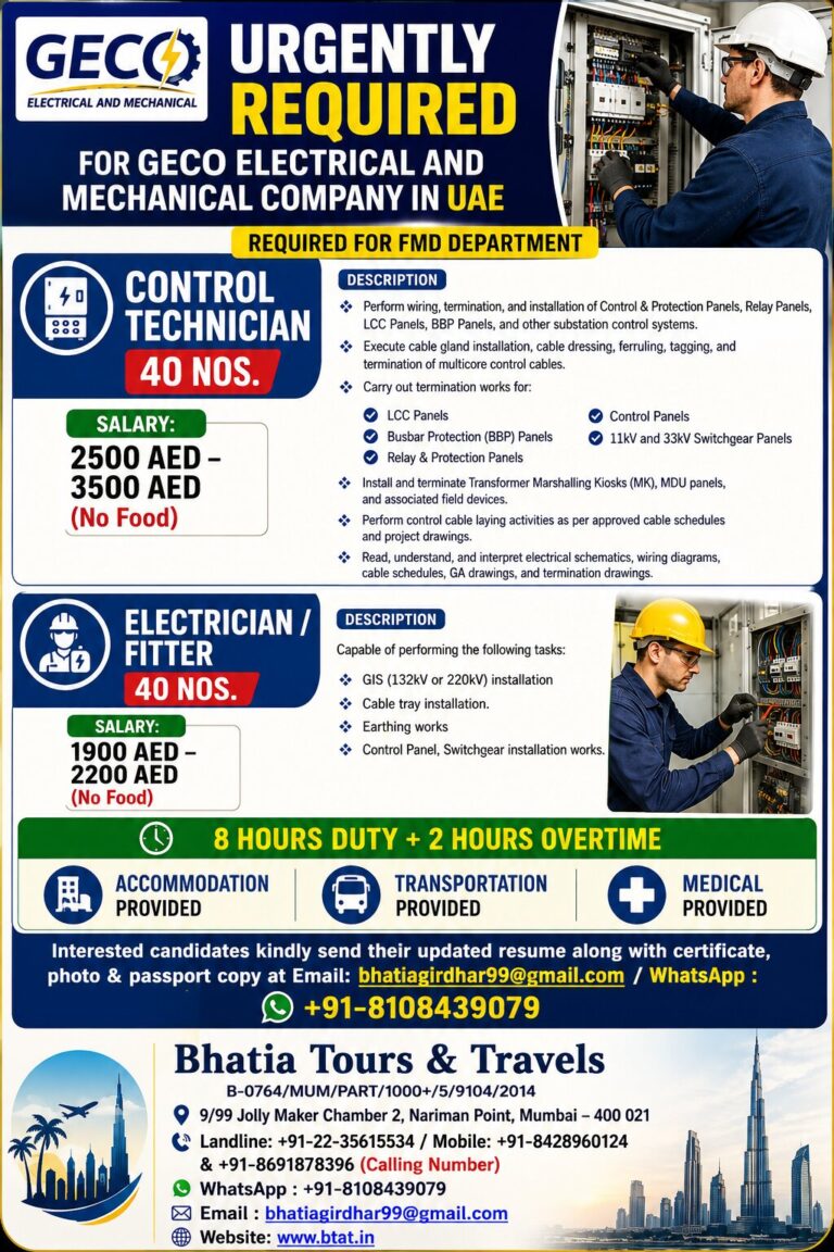 URGENTLY REQUIRED FOR GECO ELECTRICAL AND MECHANICAL COMPANY IN UAE