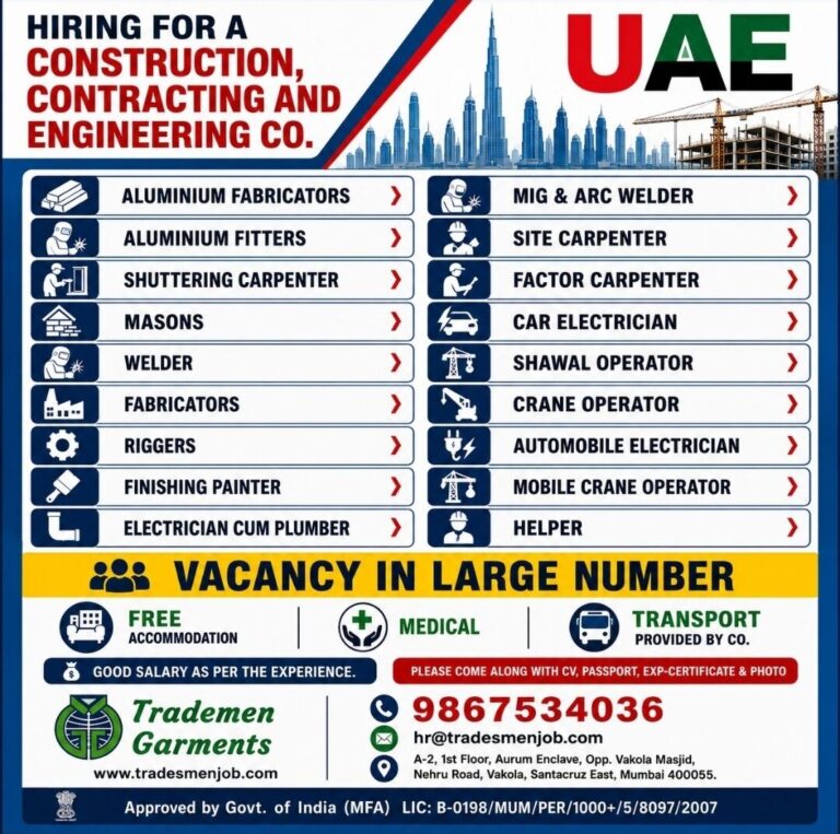 UAE Job Vacancy – Urgent Hiring at Trademen Garments