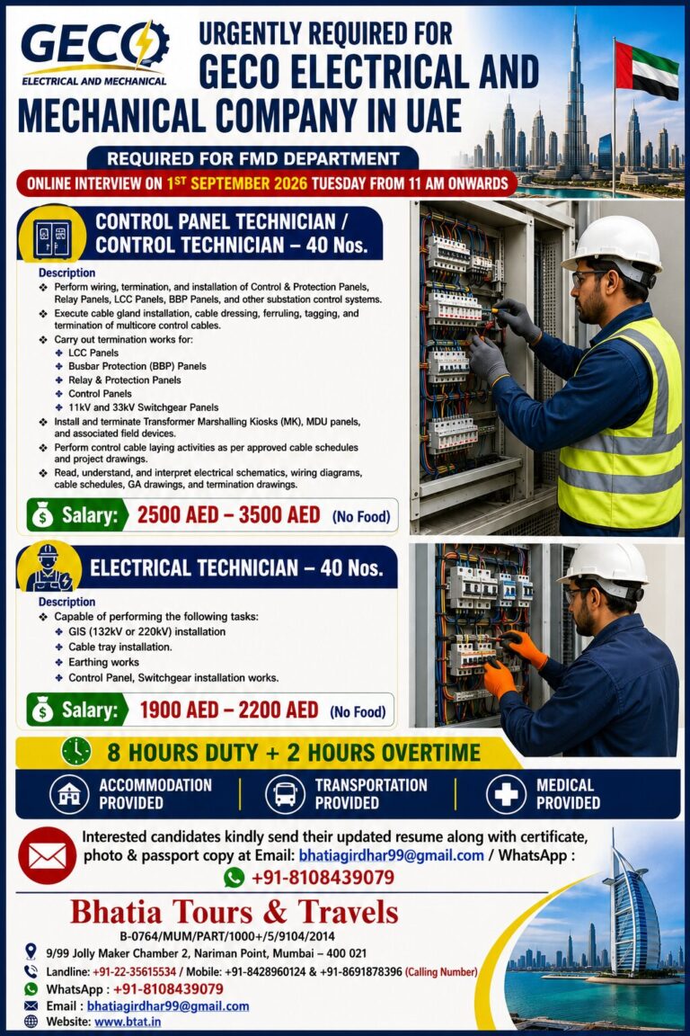 URGENTLY REQUIRED FOR GECO ELECTRICAL AND MECHANICAL COMPANY IN UAE