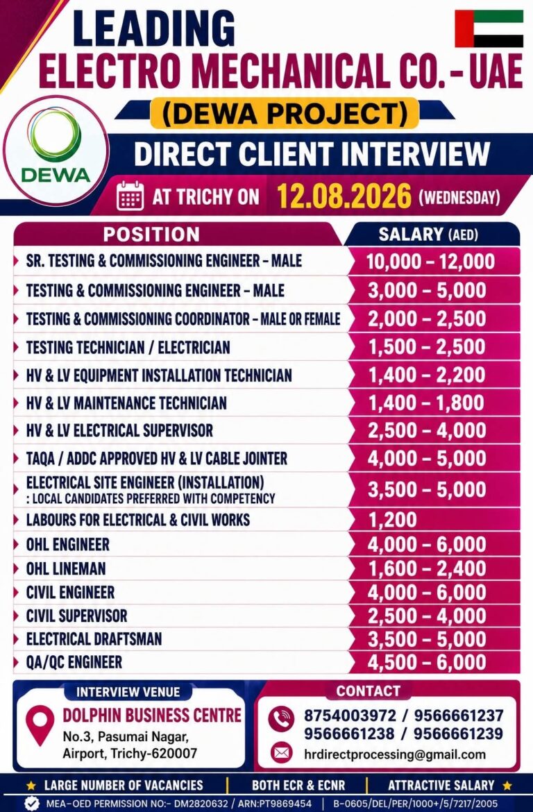 UAE Job Vacancy – Direct Client Interview for DEWA Project