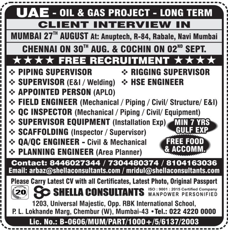 UAE Oil and Gas Project Jobs – Shella Consultants