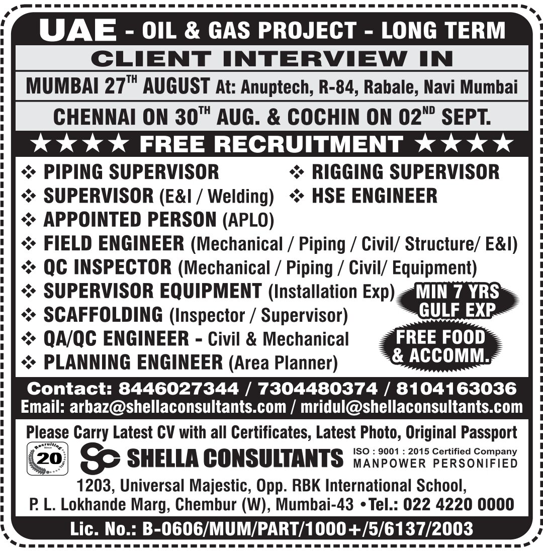 UAE Oil and Gas Project Jobs – Shella Consultants