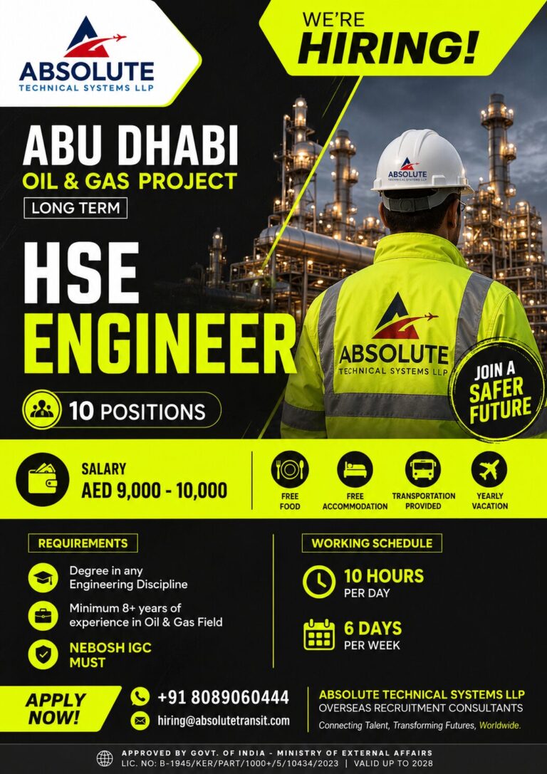 Abu Dhabi Oil & Gas Project Hiring HSE Engineer