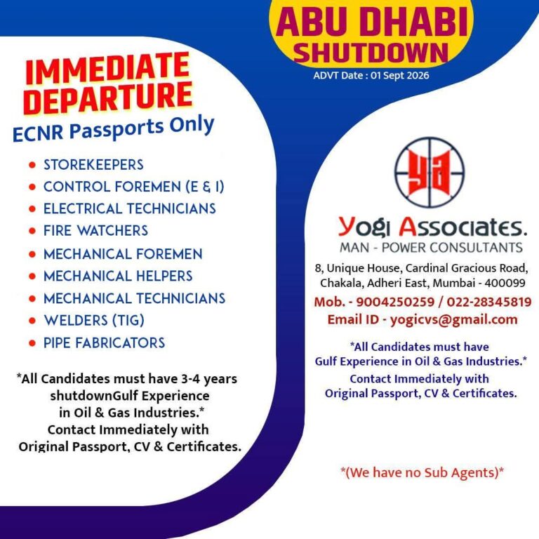 Abu Dhabi Shutdown Jobs – Yogi Associates Mumbai