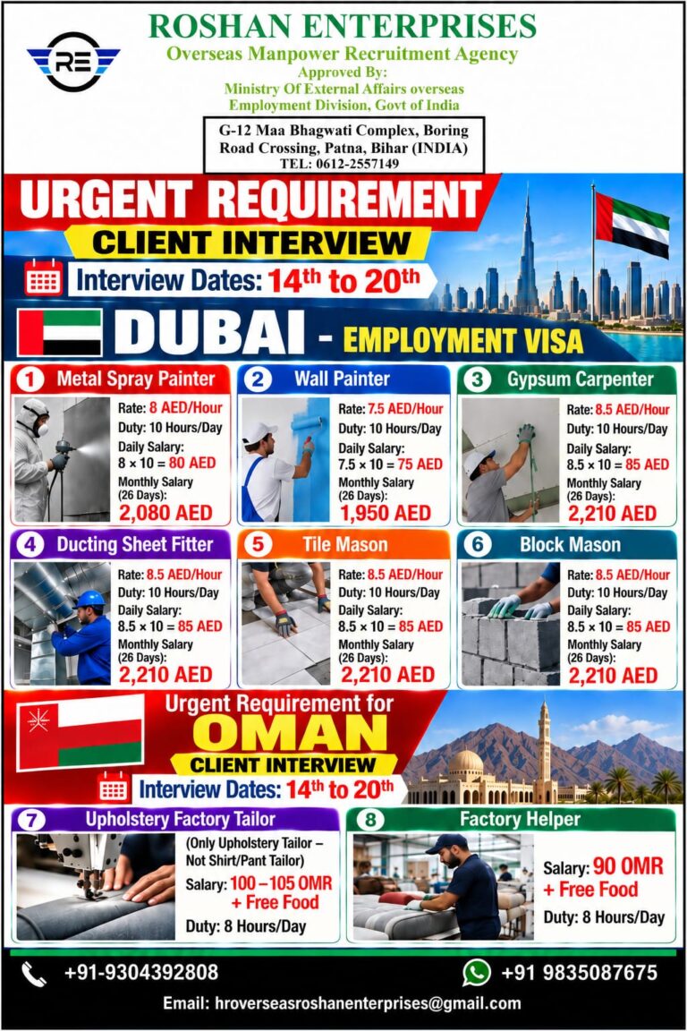 Dubai & Oman Job Vacancy – Roshan Enterprises Patna