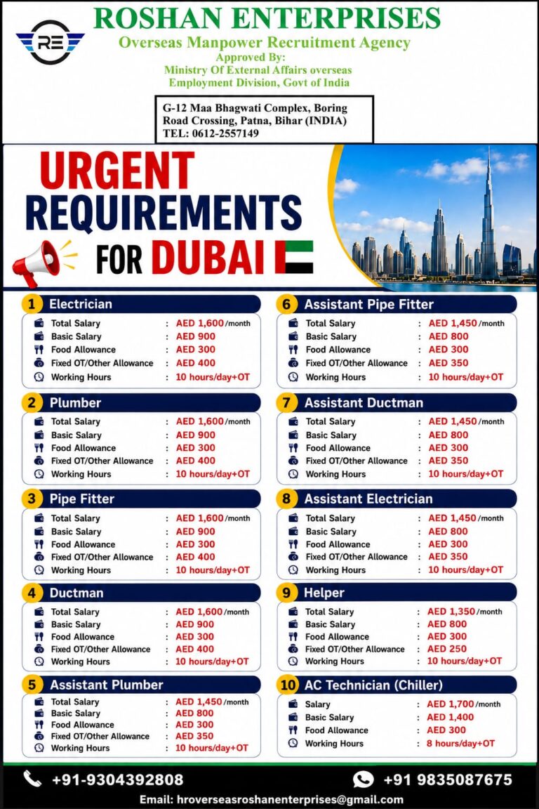 Dubai Job Vacancy - Urgent Hiring at Roshan Enterprises 1 Dubai Job Vacancy – Urgent Hiring at Roshan Enterprises
