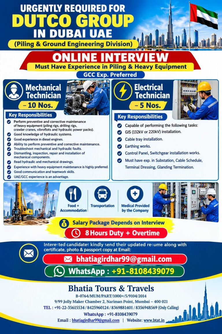 URGENTLY REQUIRED FOR DUTCO GROUP (PILING & GROUND ENGINEERING DIVISION) – DUBAI – UAE