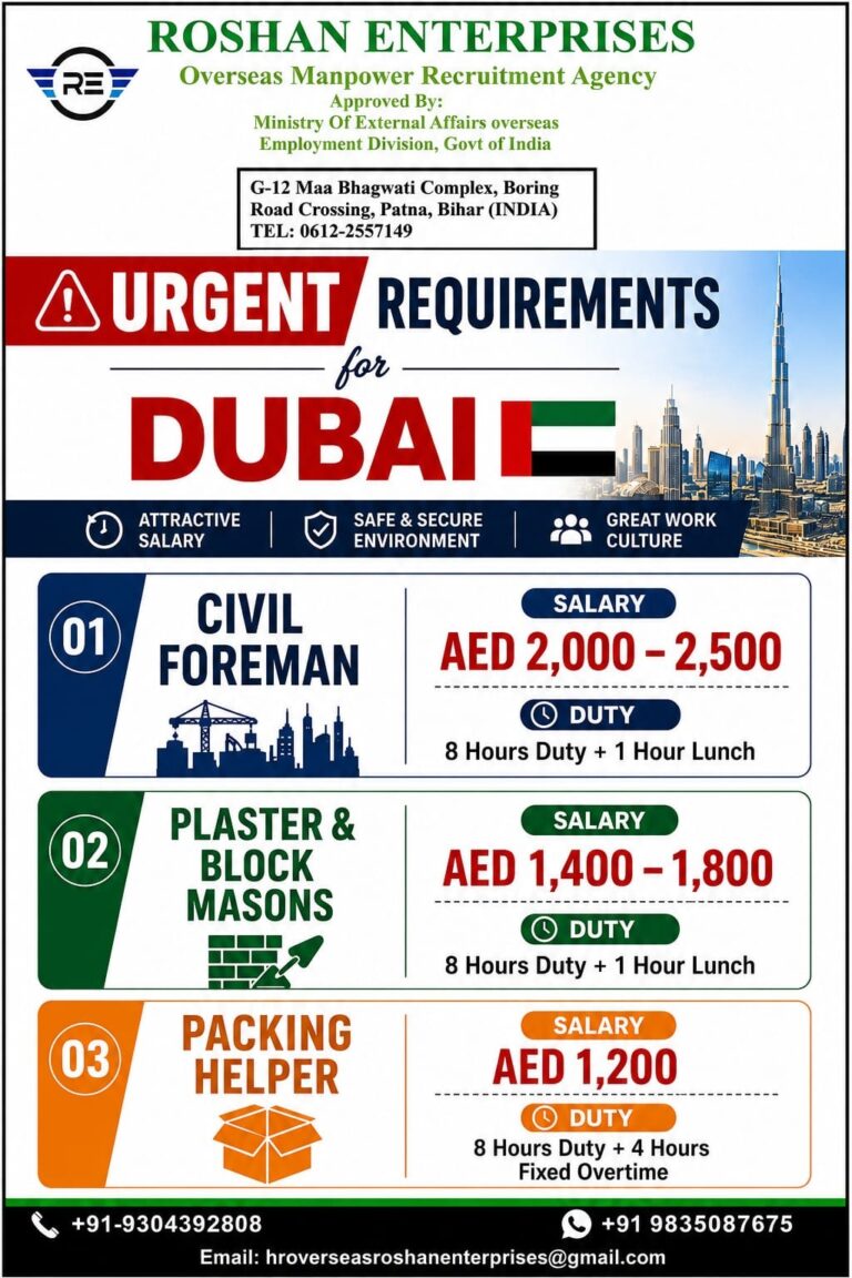 Dubai Job Vacancy Urgent Requirements at Roshan Enterprises