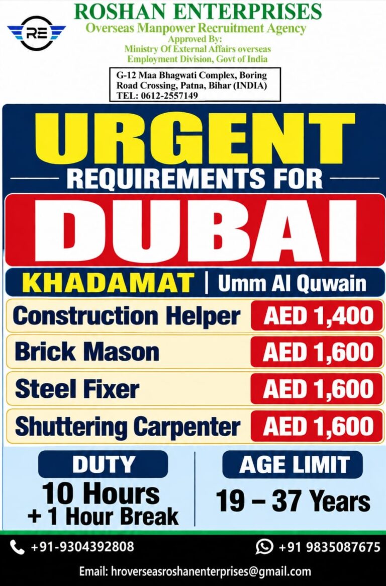 Dubai Job Vacancy - Urgent Requirements at Roshan Enterprises 5 Dubai Job Vacancy – Urgent Requirements at Roshan Enterprises