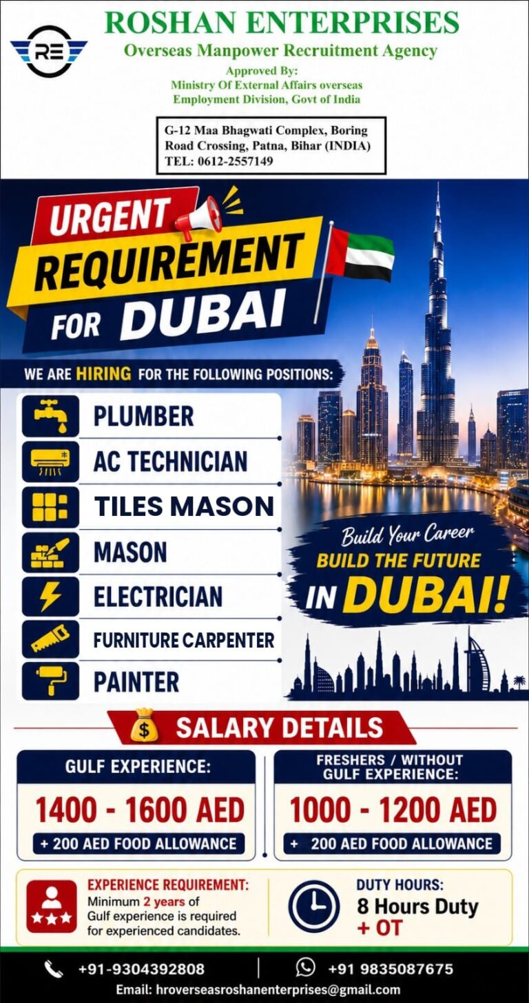 Dubai Job Vacancy – Urgent Hiring at Roshan Enterprises