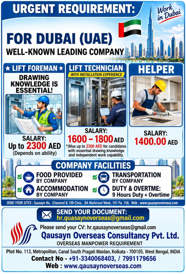 Dubai Jobs Urgent Vacancy – Qausayn Overseas Consultancy